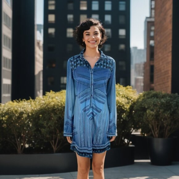 Coco & Tashi Funky Retro Blue Geometric Shirt Dress NEW! - Picture 1 of 8